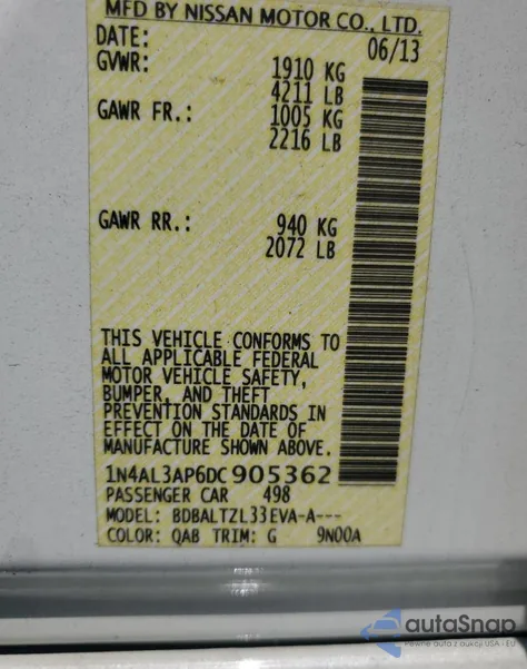 2013 Nissan Altima 2.5 z USA, uszkodzony, nr VIN 1N4AL3AP6DC905362